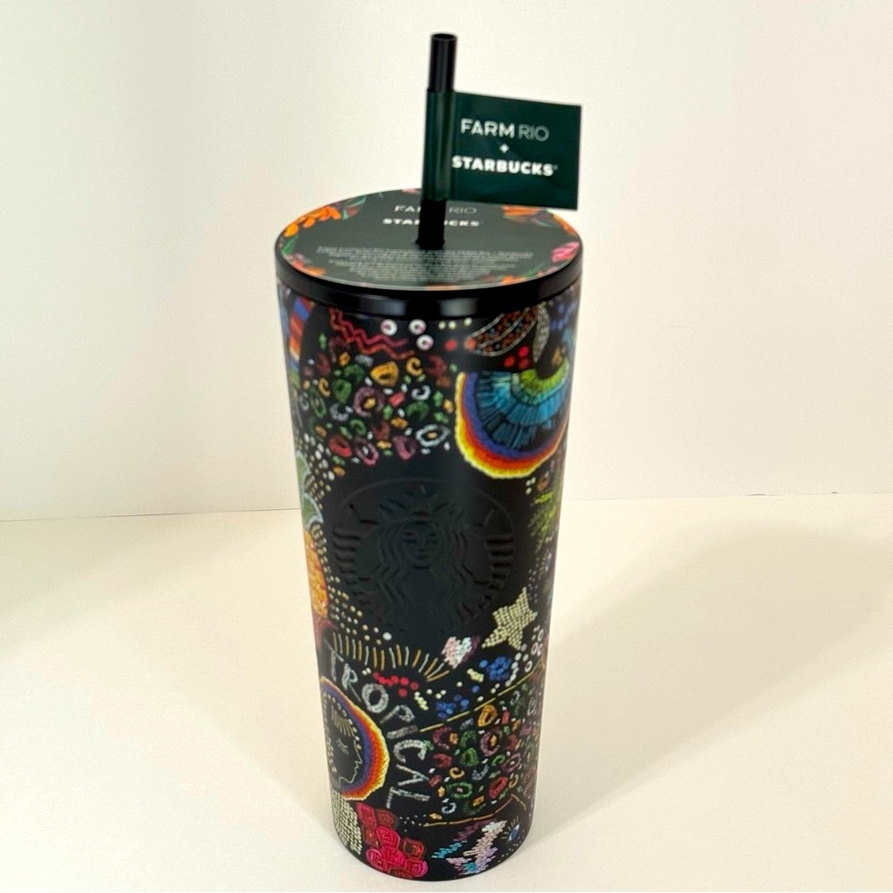 Starbucks x FARM Rio Borogodo 24oz Stainless Cold Cup Black Rainbow Tropical NWT